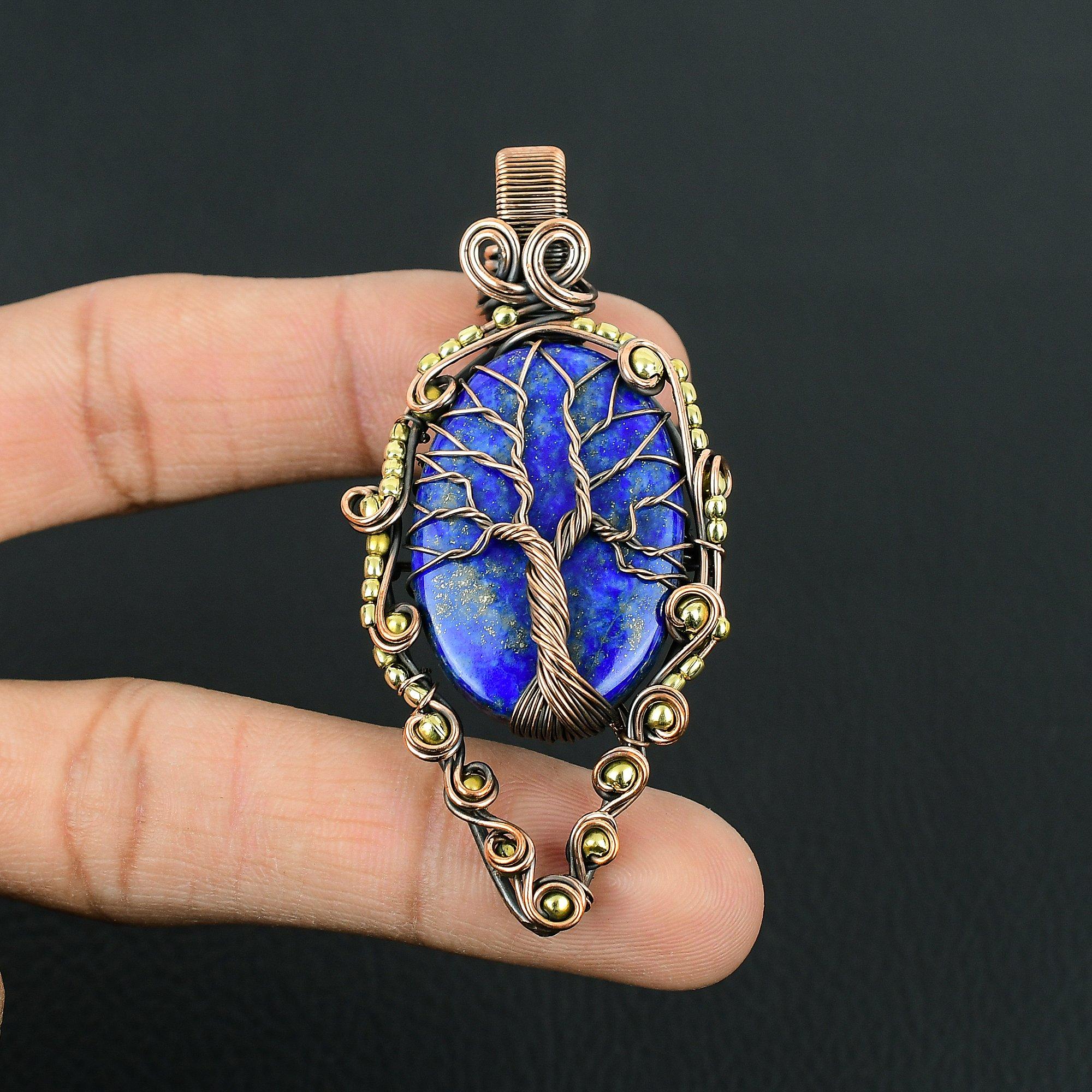 

Древо жизни лазурит драгоценный камень ручной работы из чистой медной проволоки кулон ювелирные изделия на День Благодарения 2.83 Inches синий