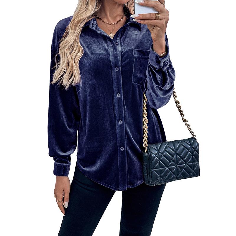 Retro Lapel Velvet Cardigan Shirt for Women - Long Sleeve, Autumn/Winter Collection 2026, European and American Style.