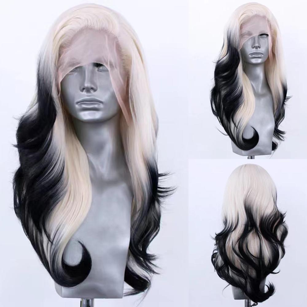 Perucă AIMEYA Ombre Sintetică cu Dantelă în Partea din Față pentru Femei Perucă Sintetică Platina Neagră pentru Utilizare Zilnică Costum Cosplay Perucă de Petrecere
