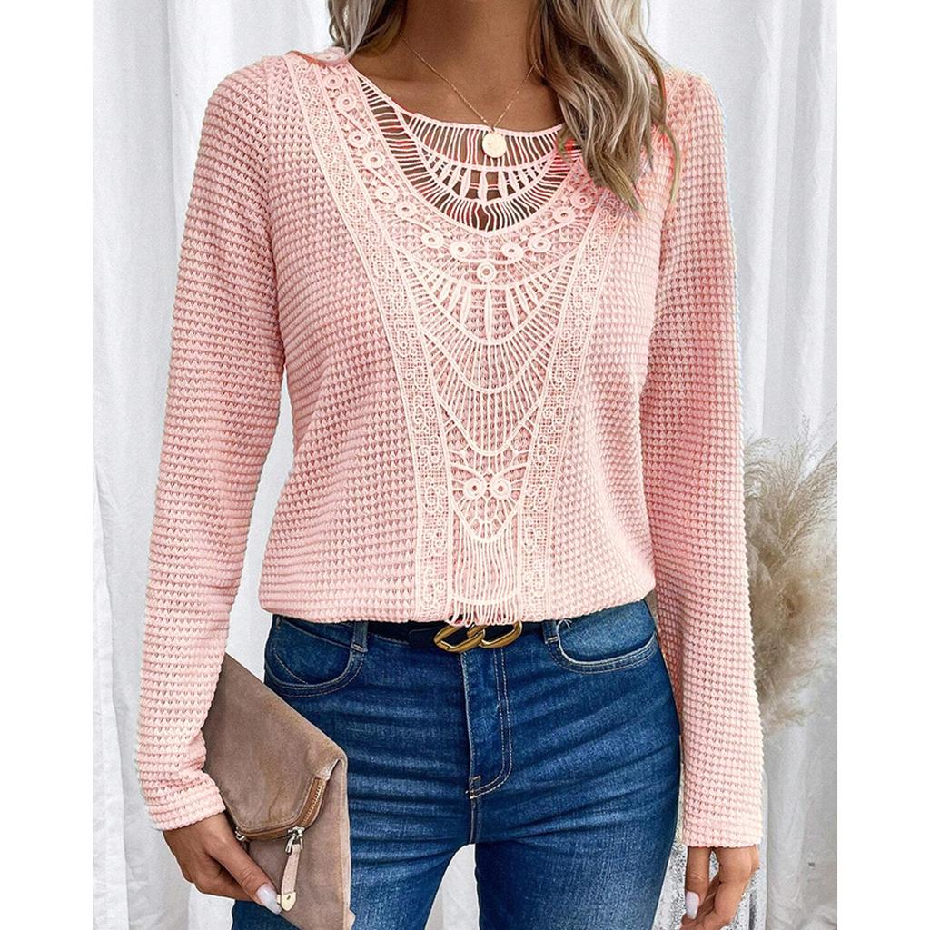 Women's 3XL Bottoming Shirt T-shirt Spring and Autumn Casual Solid Color Lace Stitching Round Neck Long-sleeved T-shirt