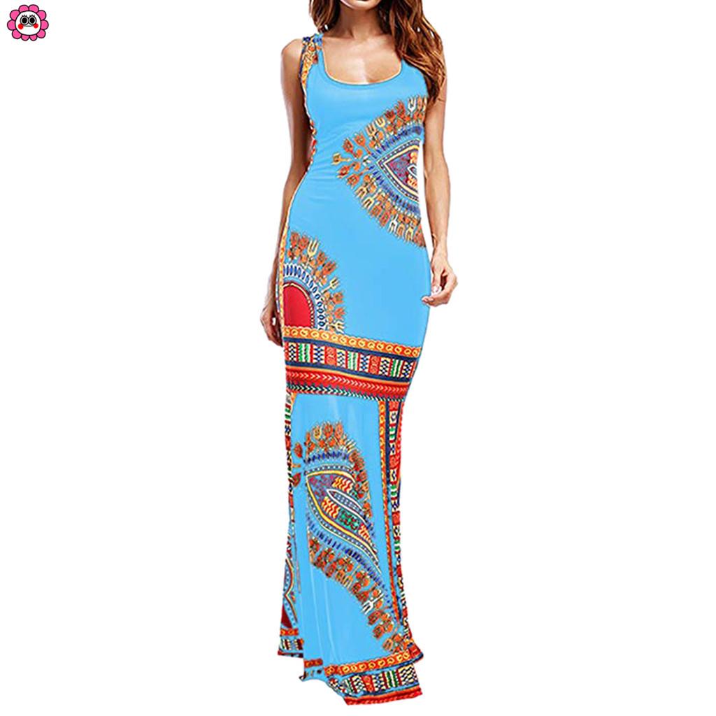 Claystyle Women Boho Floral Sleeveless Dashiki Maxi Long African Evening Cocktail Dress