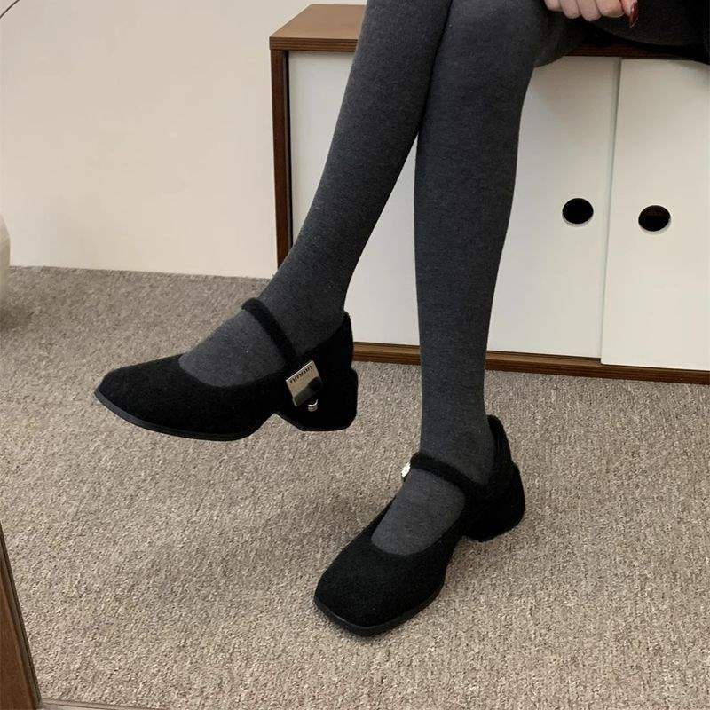 

Серые туфли Мэри Джейн с пушком, женская зимняя обувь, новые французские ретро шерстяные туфли на толстом каблуке, женские бархатные туфли на высоком каблуке 40 heel height about 5cm