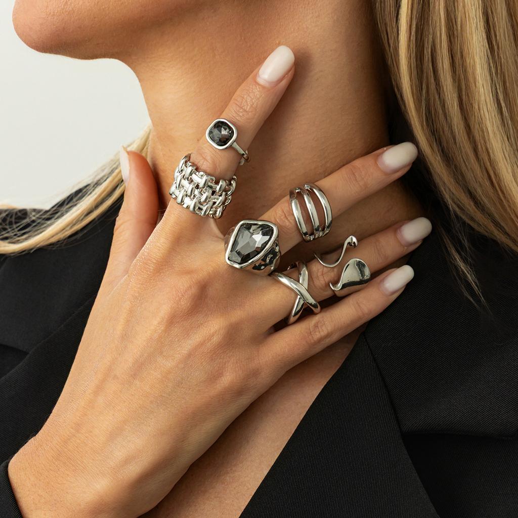 Exaggeration Heart Shape Crystal Rings Set for Women Lips Square Zircon Charm Open Rings Adjustable Fashion Designer Luxury Jewelry