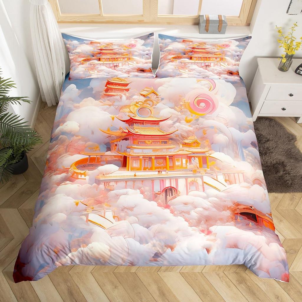Ancient Chinese Architecture Duvet Cover for Teens Adults Quilt Covers Lightweight Down 2 Pillowcases 1 Duvet Cover No Comforter