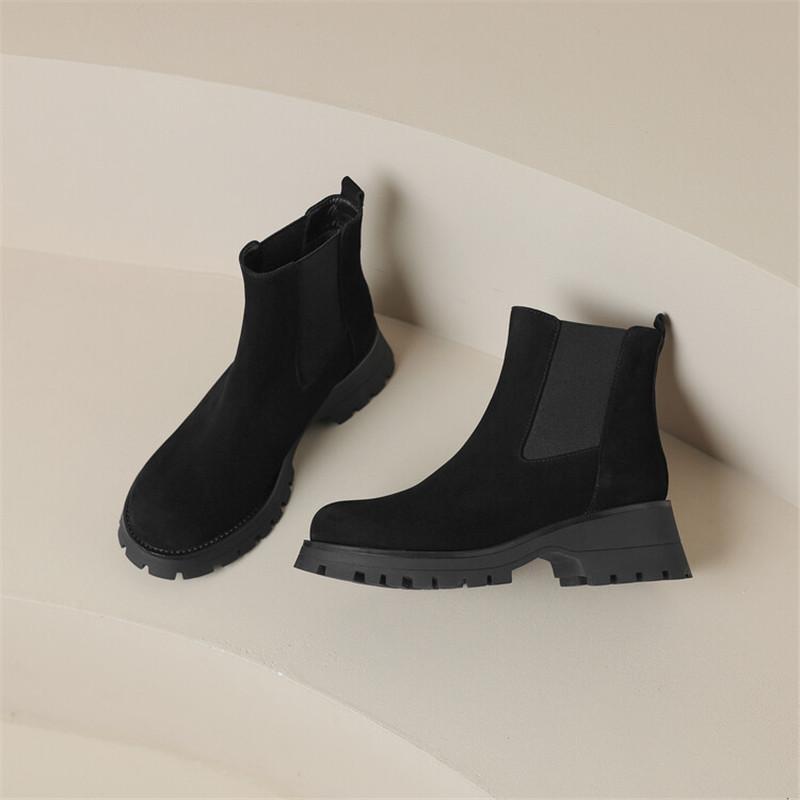 Fashion Women Cow Suede Platform Boots Round Toe Chunky Heel Boots for Women Winter Fashion Short Boots Slip-on Concise Women Boots