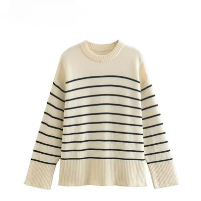 Women Classical Striped Print Casual Loose Knitting Sweater Female Long Sleeve Chic Side Split Leisure Tops