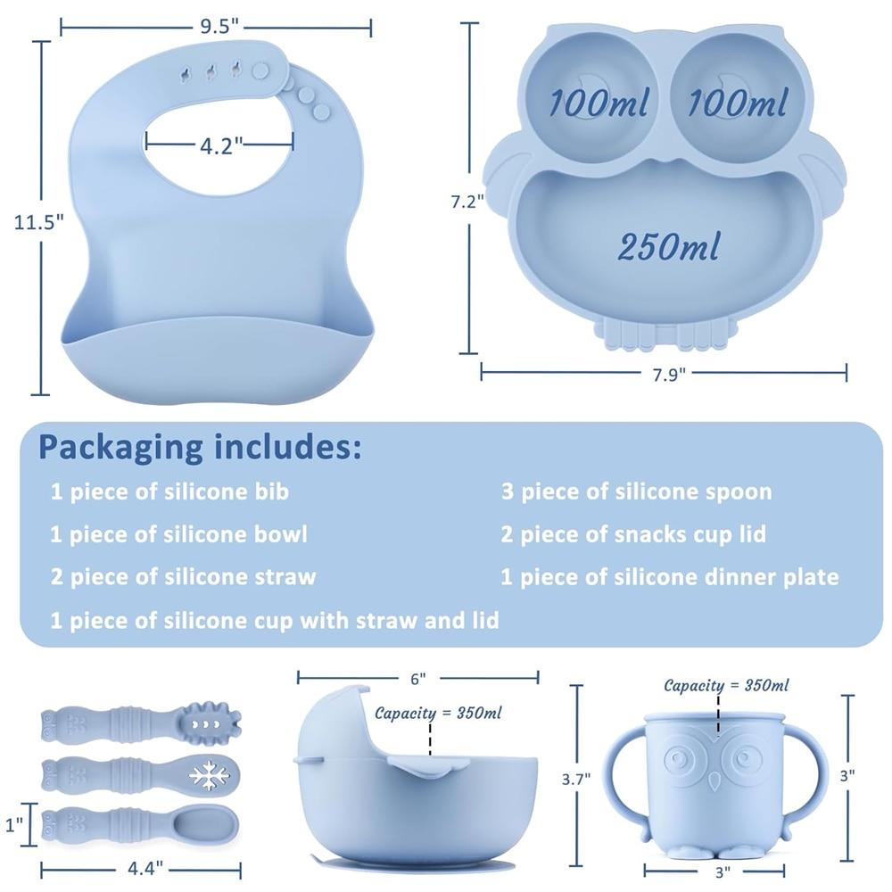 10-Piece Baby Feeding Set, Silicone Bib with Plate, Suction Bowl, Snack Cup, Spoons, Allergy-Free, Blue