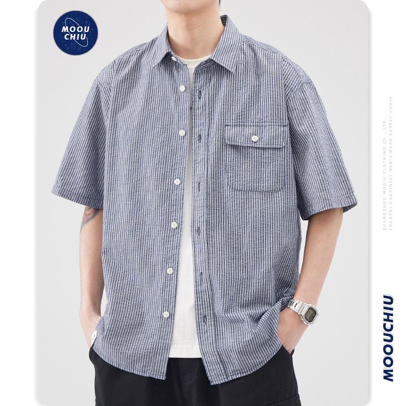 Herren Sommer Neues Trendmarken Luftpolsterfolie Kurzarmhemd, Herren Pendler Retro Gestreiftes Hemd