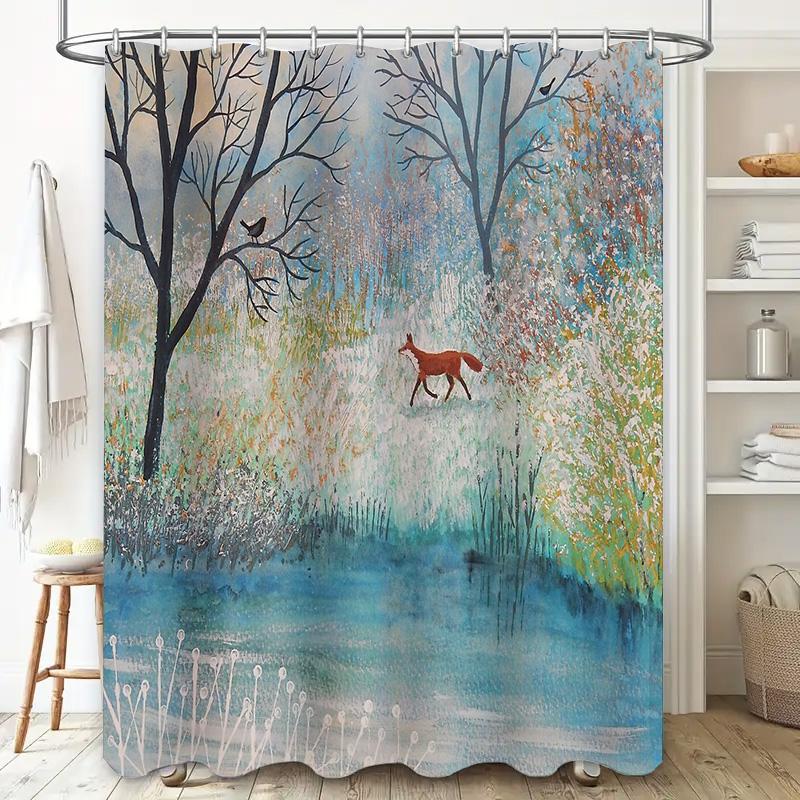 Forest Fox Shower Curtain Woodland Animal Nature Scenic Bathroom Decor Artistic Wildlife Tapestry Home Decor Farmhouse Style