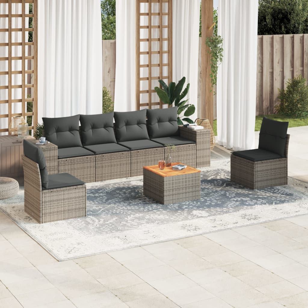 7-teiliges Gartensofa-Set mit Kissen aus grauem Poly-Rattan