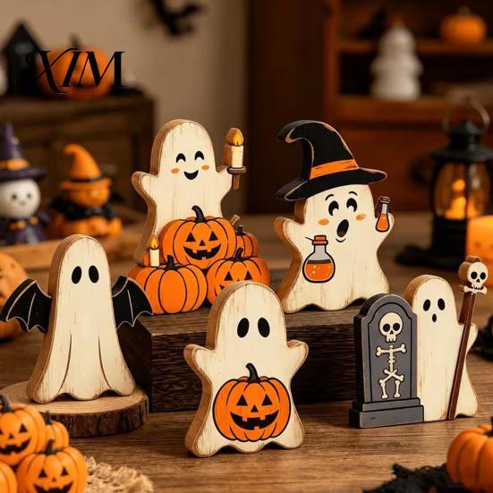 Compact Festive Room Decorations Halloween Cute Ghost Sign, Pumpkin Tombstone Wooden Plaque Decorative Figurines for Fireplaces Tiered Tray