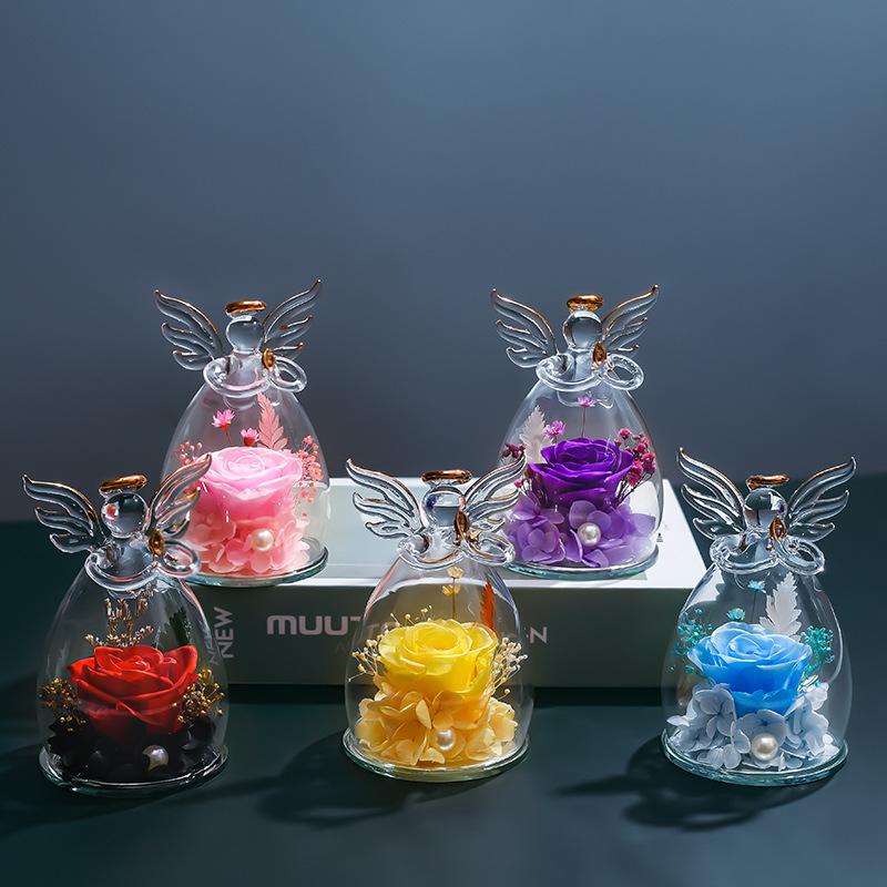 Angel Glass Dome Preserved Roses -Everlasting Flowers Gift Set forValentine's Day, Mother's Day.Christmas, Thanksgiving, Graduat