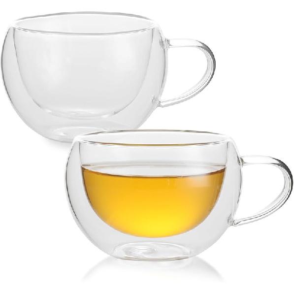 

Double Wall Insulated Glass Tea Cups Set of 4, Clear Borosilicate Glass Espresso Shot Cups for Espresso Machine, Teacups Coffee Mugs with Handle for Clear-2 Pack