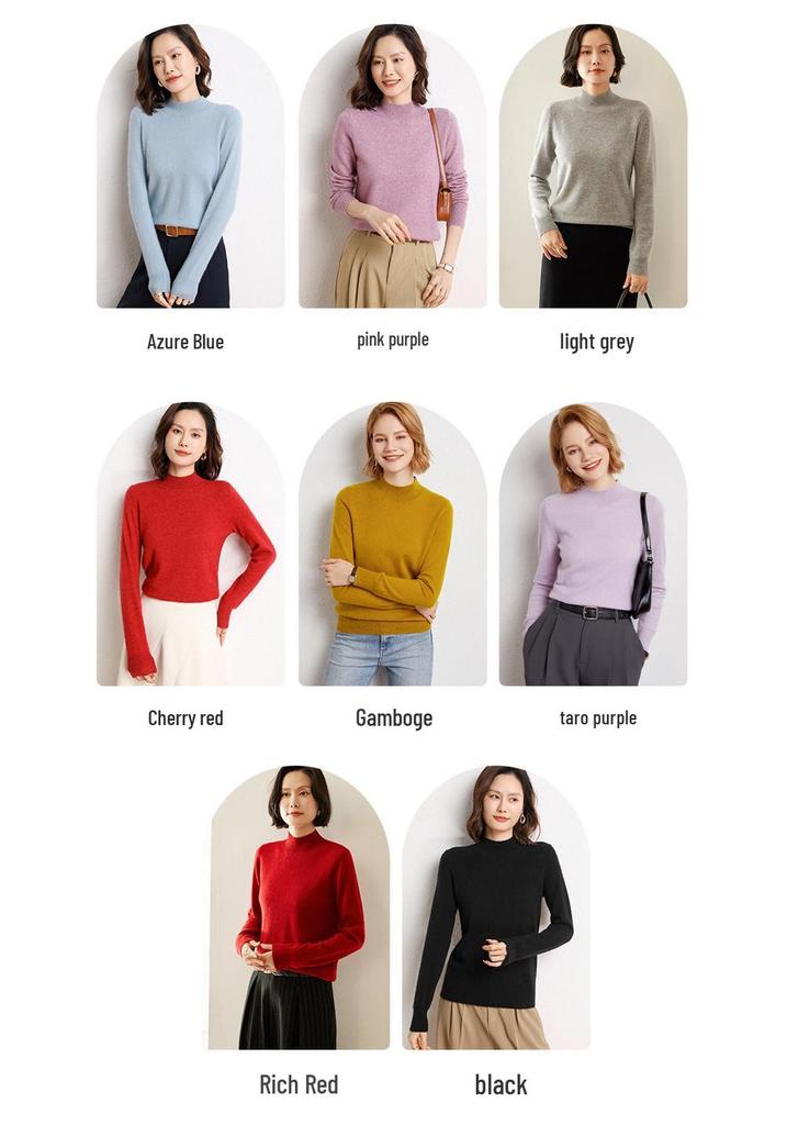 Women's Loose Fit Cashmere Half-High Neck Sweater - Soft, Classic Autumn/Winter Knit Base Layer