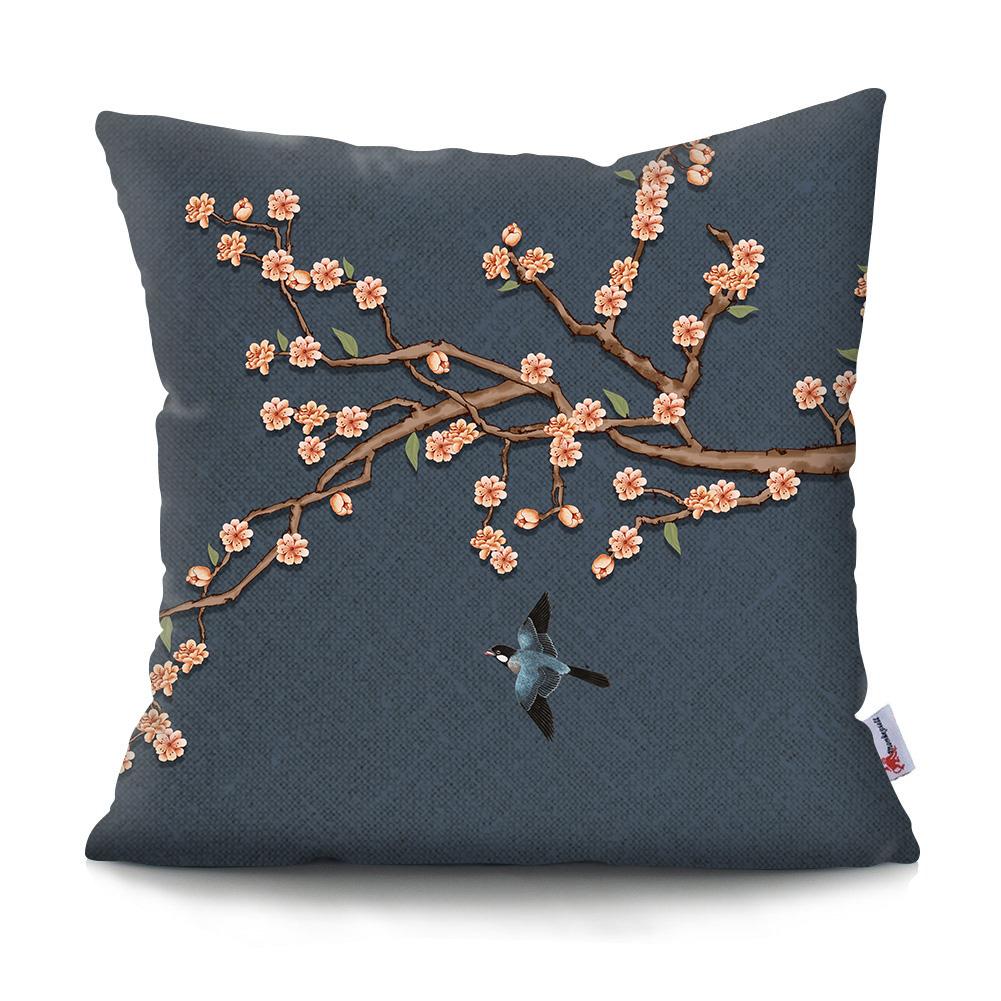Square Chinese Landscape Painting Cushion Cover Vintage Plum Blossom Pillowcase