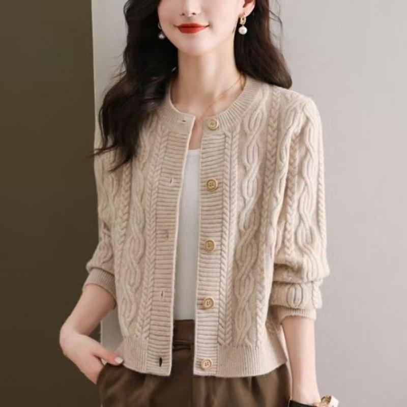Autumn and winter fashion temperament solid color twist twisted round neck women's elegant lazy style retro knitted cardigan sweater