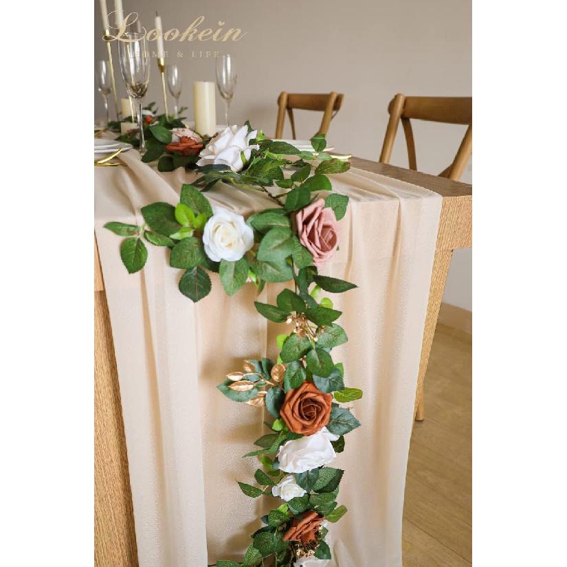 Lookein 10 Feet Champagne Chiffon Table Runner Sheer Wedding Table Cloth 29x120 Inches Rustic Wedding Decorations French Chiffon Table Runner