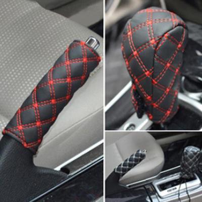 Car Faux Leather Gear Shift Knob Cover Hand Brake Cover Sleeve 2 In 1 Set