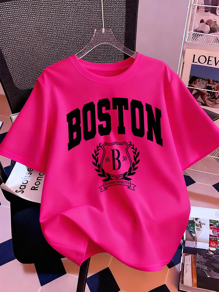 Boston 1630 Persönlichkeit Kunst Drucke Kurzarm T-Shirts Damen Baumwolle Sommer T-Shirts Weich Locker Rundhals Oberteile Basic Kleidung