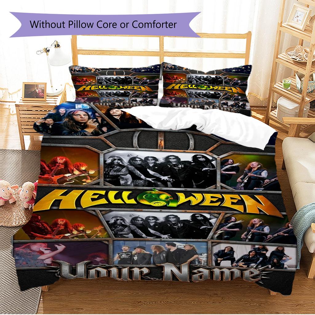 Name Individuell Helloween Band Muster Bettwäsche Set Bettbezug Kissenbezug Heimdekoration Geschenk (1 Bettbezug + 2 Kissenbezüge, ohne Füllung)