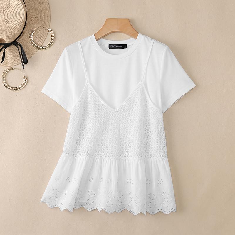 ZANZEA Women Casual Round Neck Splice Loose Short Sleeve Blouse