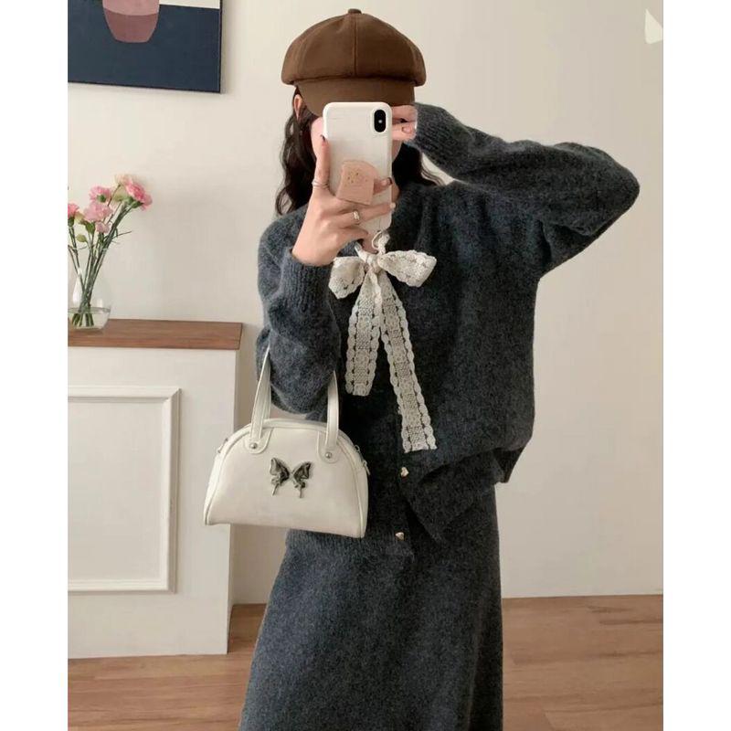 

Korean Lace Trim Knit Set: Bow Sweater & Midi Skirt XL (recommended for 68-73 kg)