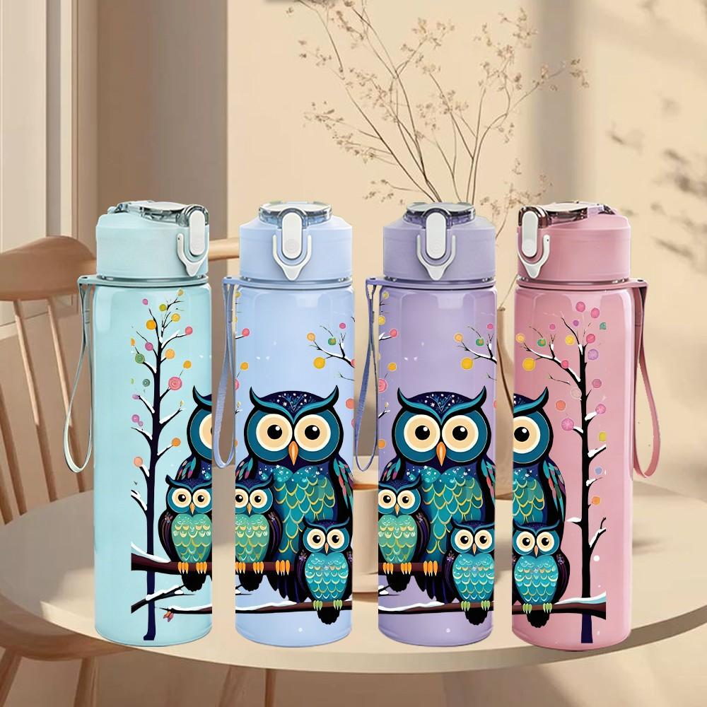 1PC Owl Tree Branch Floral Cartoon Print 750ml Color Plastic Sports Water Bottle Leakproof Flip Straw Lid Suitable for Sports Office Home Use
