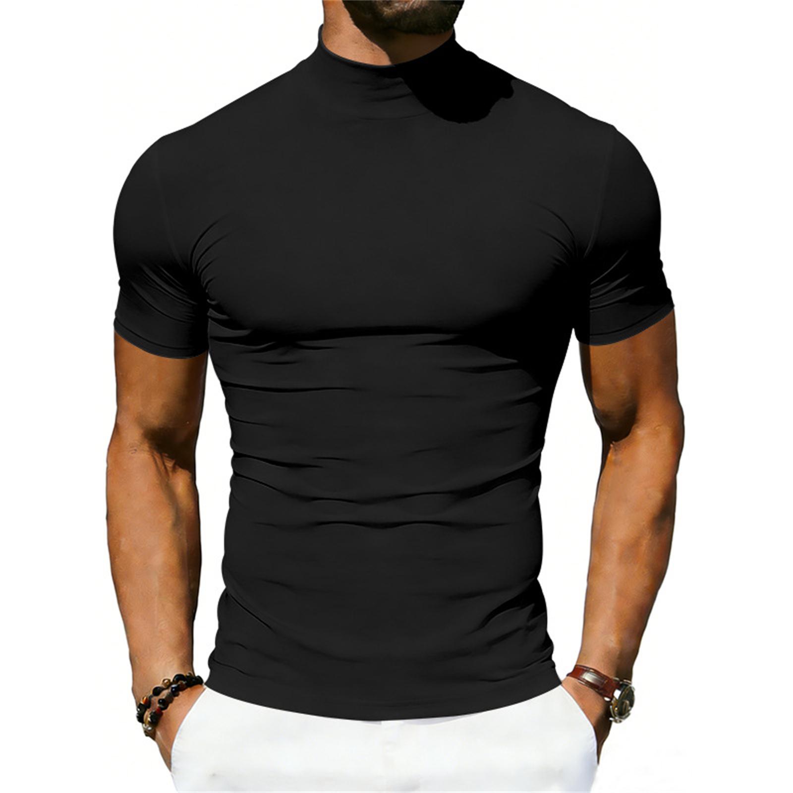 Sdwen Casual heren T-shirt met hoge hals, elastische, sneldrogende, ademende en nauwsluitende pasvorm en korte mouwen. L zwart