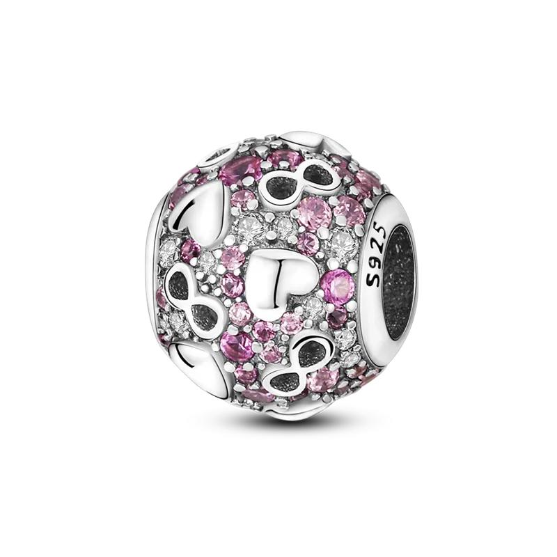 copper Cute Pink flowers Heart Pendant Bead Charms Compatible With 4MM hole diamete Charm Bracelets for Women Do It Yourself Jewellery Making Gift