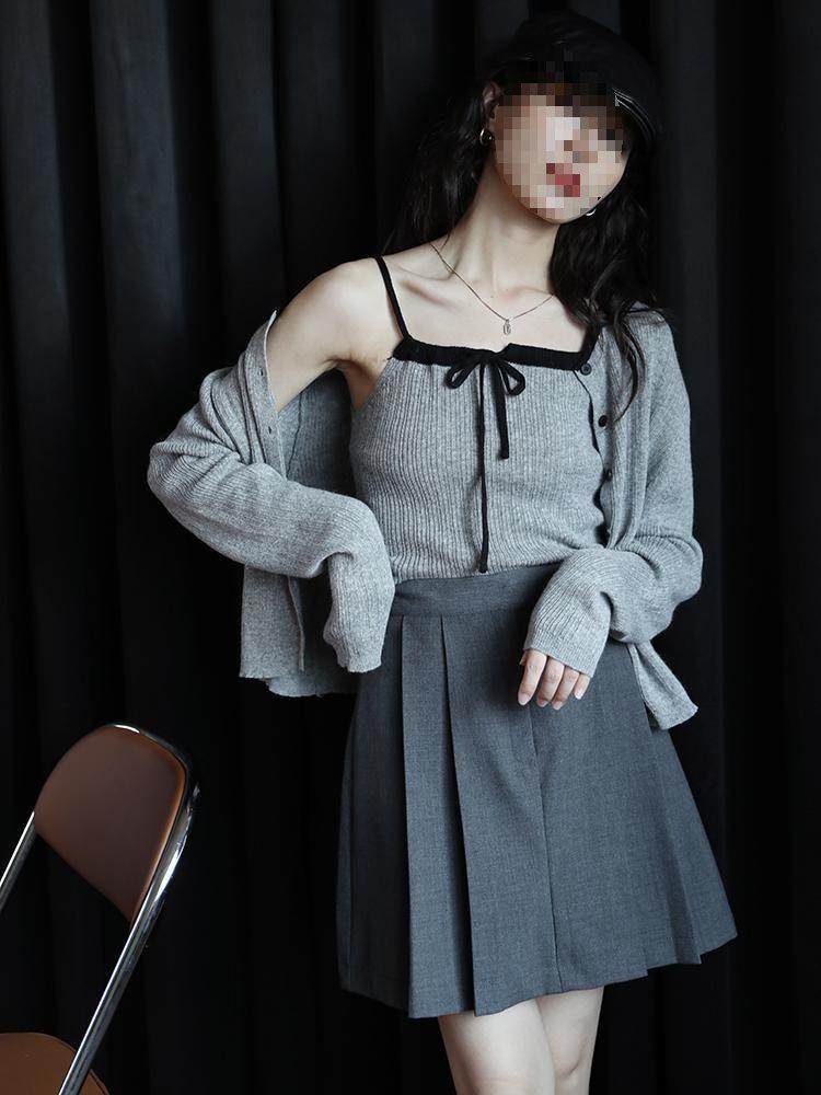 Retro Gray Knitted Cardigan Set - 2025 Autumn Women's Collection