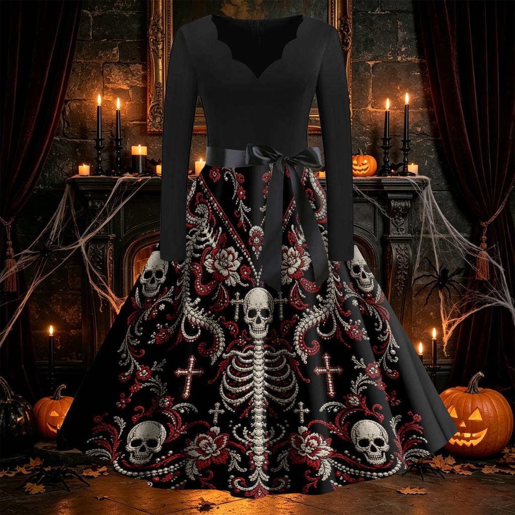 Women's Vintage Halloween Print Dress Long Sleeve V-Neck Flared Midi Dress for Party