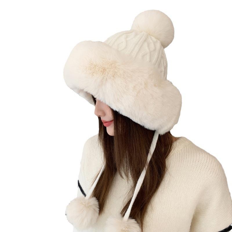 Autumn and Winter New Women's Hairball Plush Thermal Pullover Hat Student Cute Outdoor Cold-proof Fashion Knitted Wool Hat