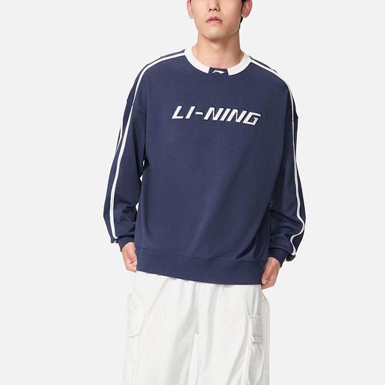 Li-Ning Loose-Fit Logo Crew Neck Pullover Sweatshirt Unisex Tops Midnight-Blue AWDRD50-8