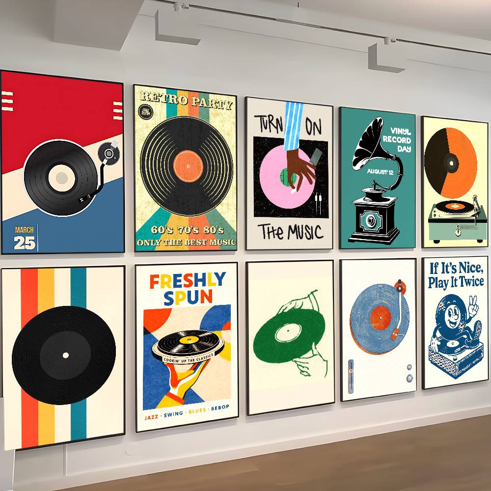 Retro Vinyl Record Print Mid Century Music Minimal Pastel DIY Sticky Poster Fancy Wall Sticker for Living Room Bar Decoration