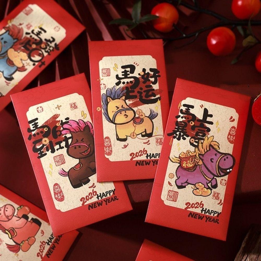6Pcs Paper 2026 Horse Year Red Envelope Traditional Cartoon Chinese New Year Envelope Lucky Bless Words Lucky Money Bag