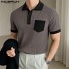 Men Turn-down Collar Short Sleeve Stitching Rib Casual T-shirts Tops