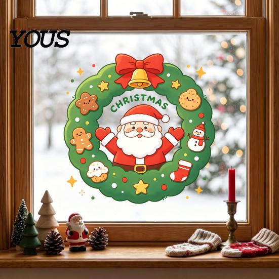 Seasonal Window Murals Christmas Santa Claus Wreath Cling, Cartoon Static Sticker, PVC Clings Waterproof Glass Decal for Home Holiday Party And