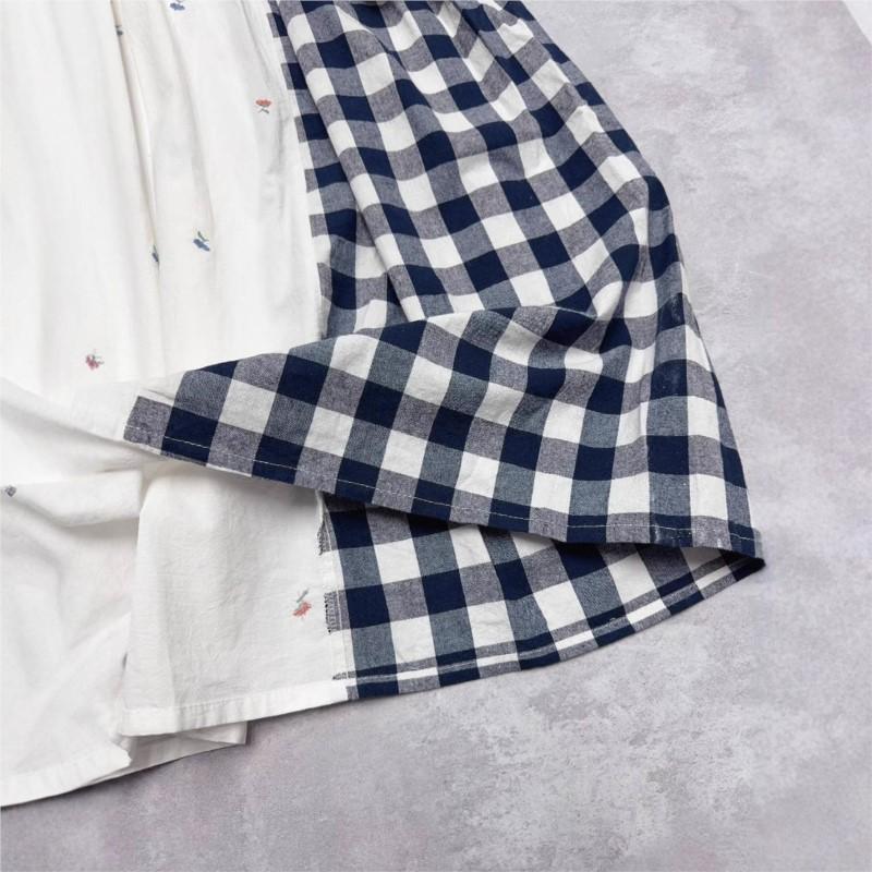 Johnature Japanese Patchwork Checked Floral Pleated Loose Dress Spring Summer O-neck Casual Print Women Dresses