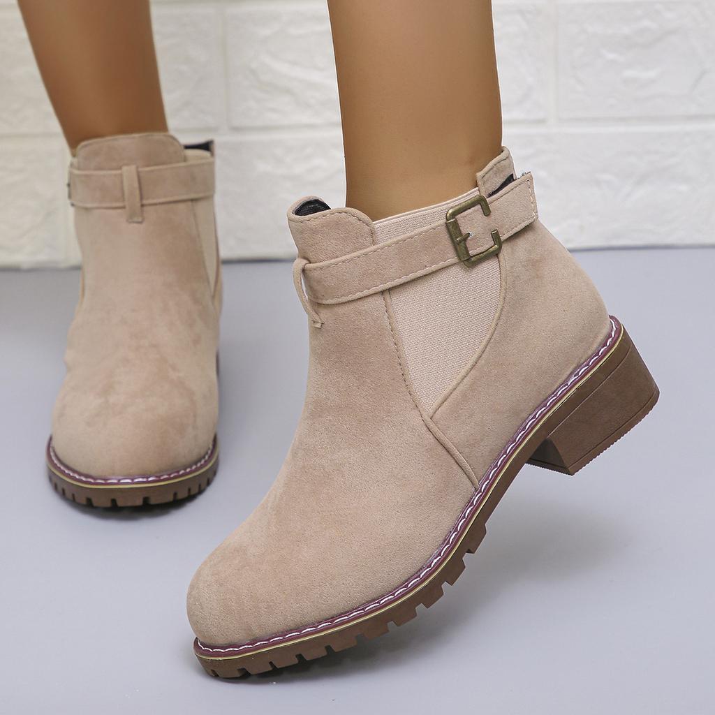 Large size women's boots autumn and winter new Martin boots low heel square heel belt buckle short tube elastic sleeve suede