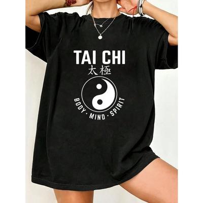 Tai Chi Dydžio L T-shirt Juodas Yin Yang Simbolis Ir Tekstas Kūnas Protas Dvasia Spaudinys Laisvalaikio Drabužiai Jogai Meditacijai Ir Sveikatingumo Veikloms