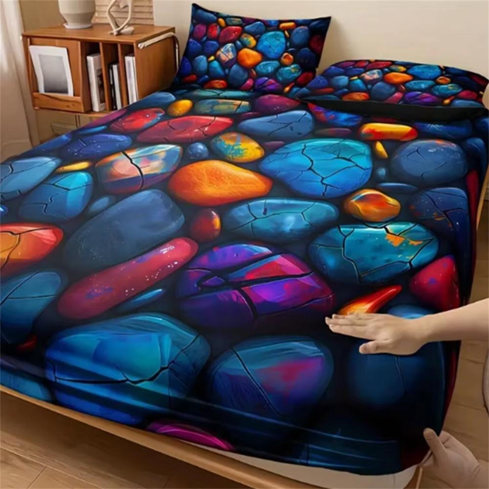 3PCS Colorful Textured Stone Pattern Bedding Set - Includes 1 Fitted Sheet and 2 Pillowcases, Breathable Polyester, All-Season