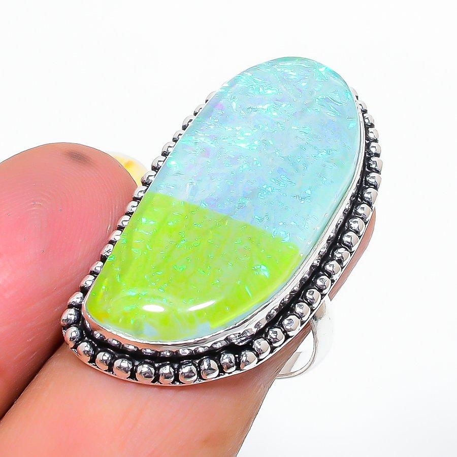 Blue Triplet Opal Gemstone Handmade 925 Sterling Silver Jewelry Ring Size 8 SU-11440