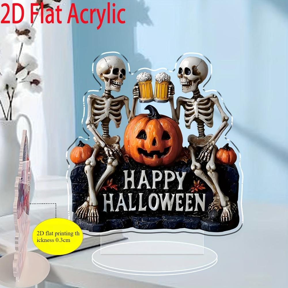 2D Flat Halloween Skull with Acrylic Decoration of Beer and Pumpkin -Bedroom,Living Room Tabletop Display,Holiday Home Decoration Halloween Decoration