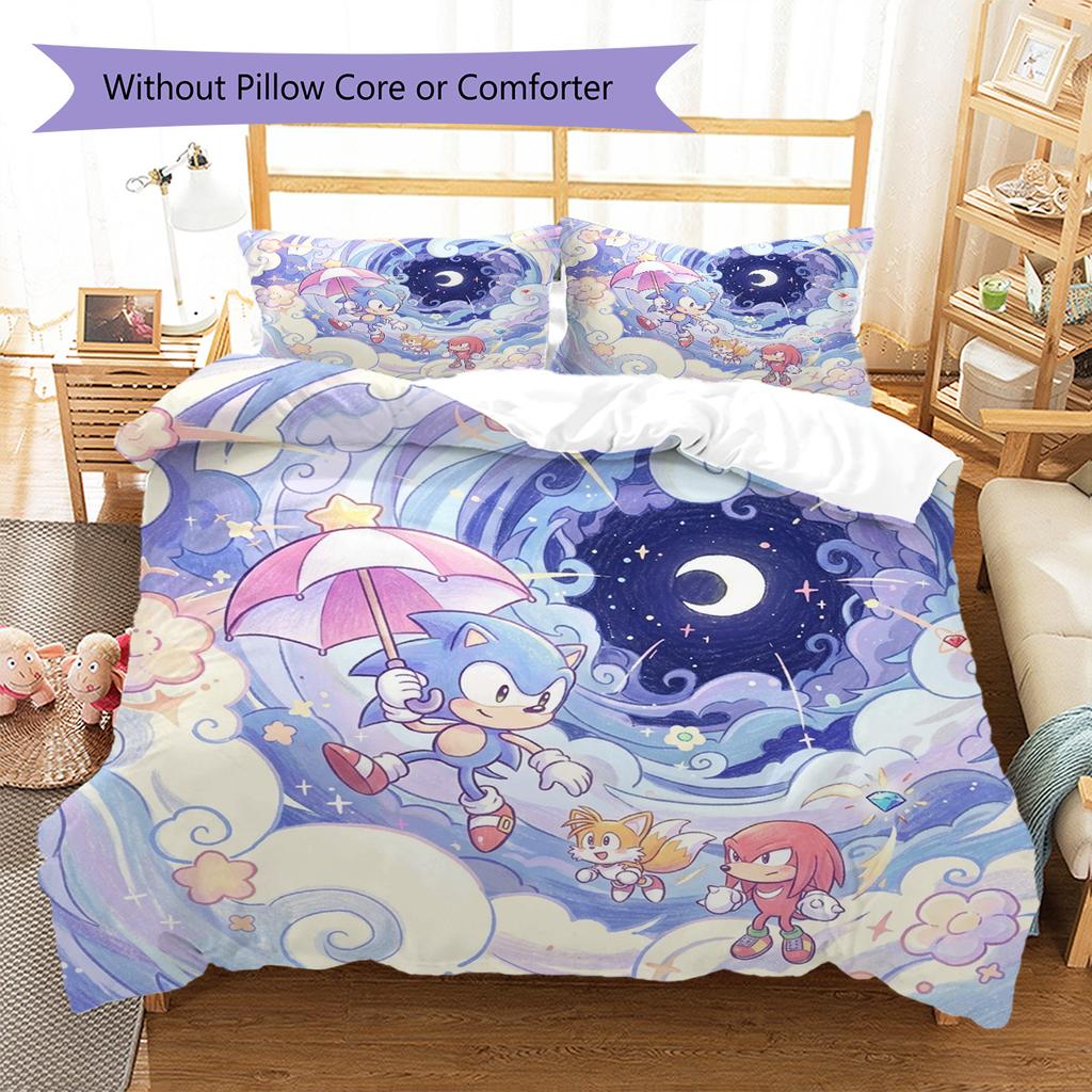 Hedgehog Sonic Pattern Bedding Quilt Set Quilt Cover Pillowcase Home Decoration Birthday Gift (1 * duvet cover + 2 * pillowcase, without core)