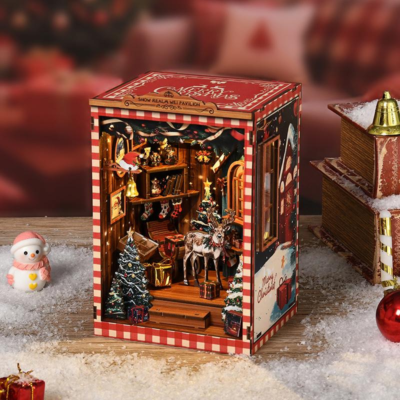 New Snow Globe DIY Miniature Book Nook - 3D Puzzle House Architecture Model Kit, Christmas & Black Friday Bookend Craft Gift