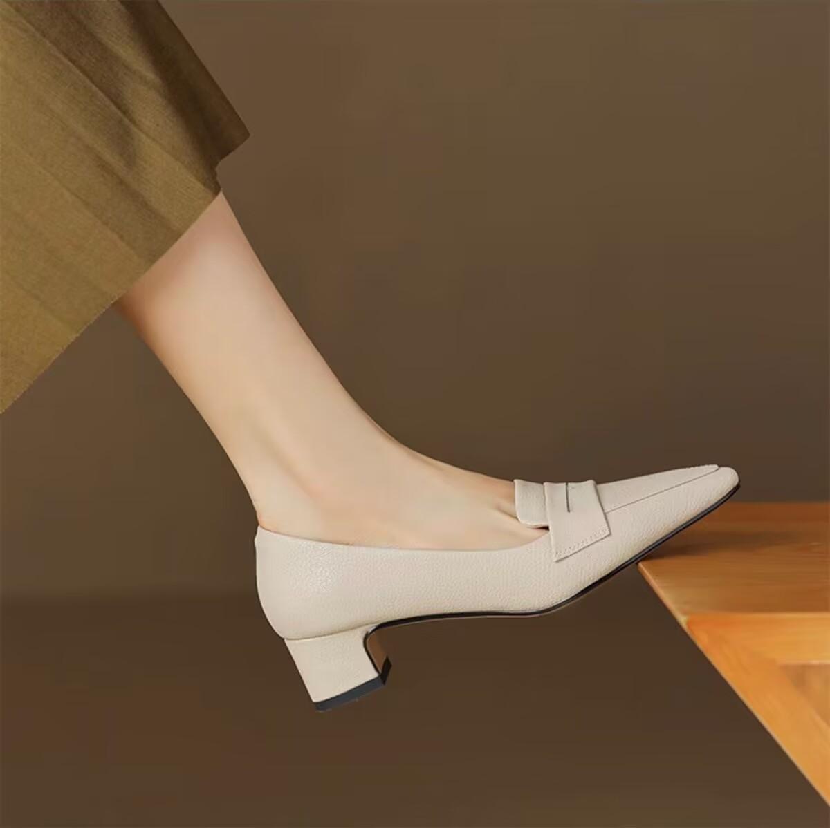 Мода 2024 Новая весна Женские туфли-лодочки из натуральной кожи для женщин Туфли-лодочки с острым носком на среднем каблуке Женские туфли-лодочки Мокасины женские кожаные туфли 34 бежевый