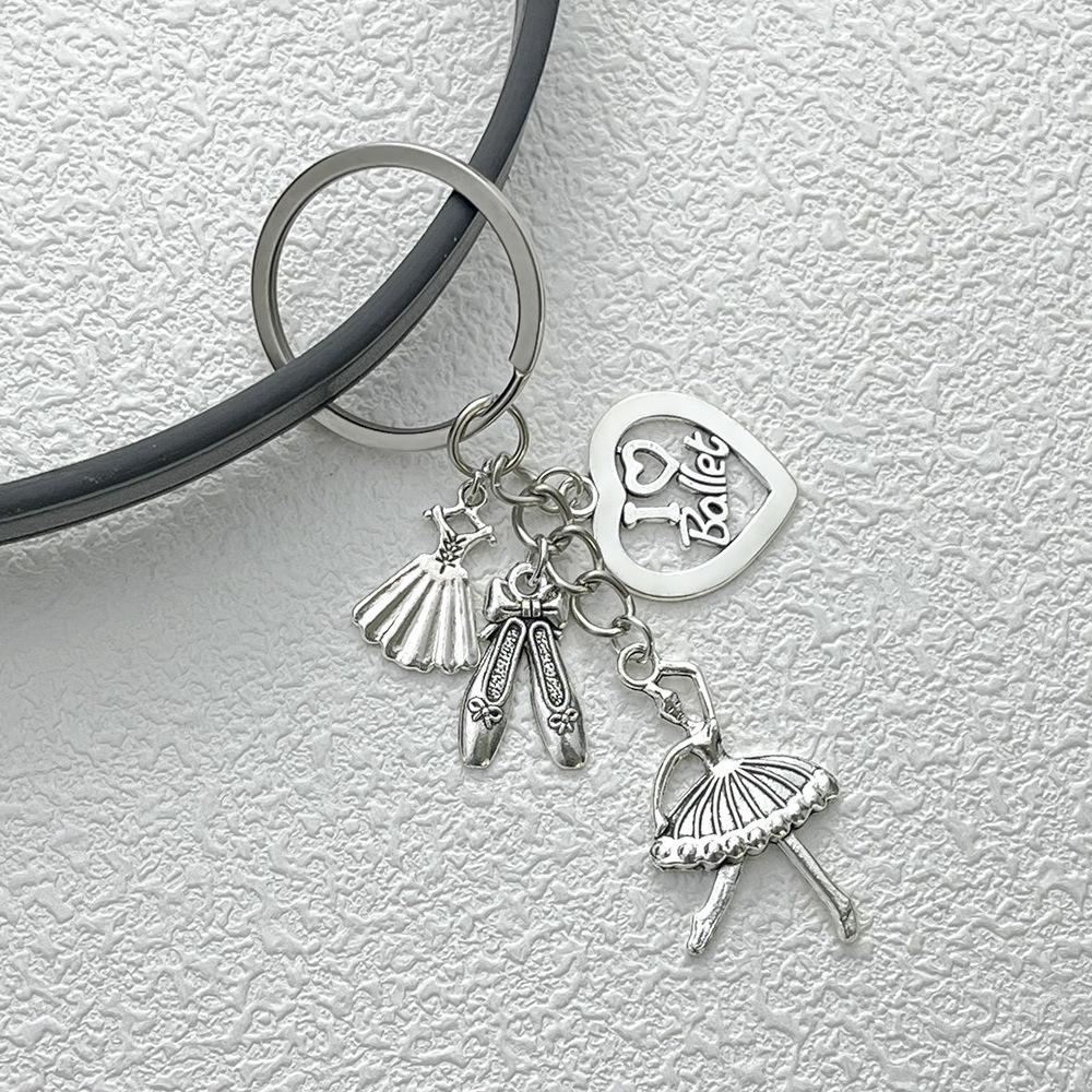 Antique Silver Ballet Girl Keychain with Heart Pendant - Elegant Dance Club Gift