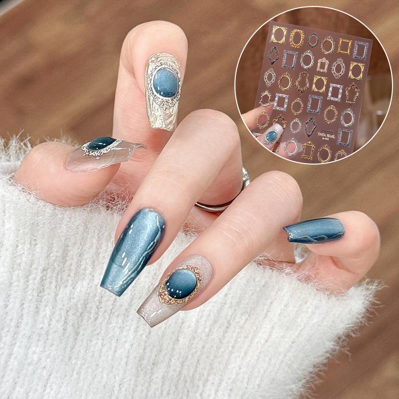 Vintage Fotoramkant Boho 5D Mjuka Präglade Reliefs Självhäftande Nageldekorationsklistermärken 3D Nageldekal