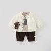 2026 Winter Toddler Girls 3-Piece Fleece-Lined Cotton Set Cartoon Print Long Sleeve Top Pants Outfit Ages 1-3
