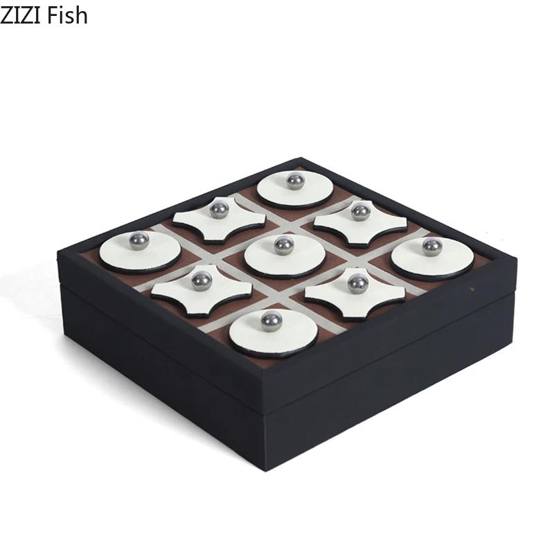 Minimalism Leather Tic-Tac-Toe Game Chessboard Geometric Artwork Ornaments Desk Decoration Chess Pieces Casual Chess Game